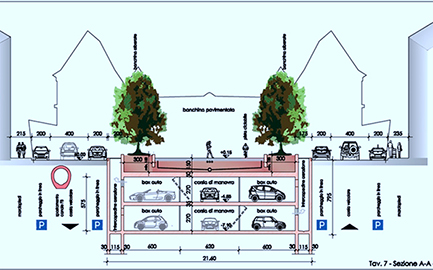 Sezione del parcheggio pertinenziale privato di Corso Marconi dal primo progetto.